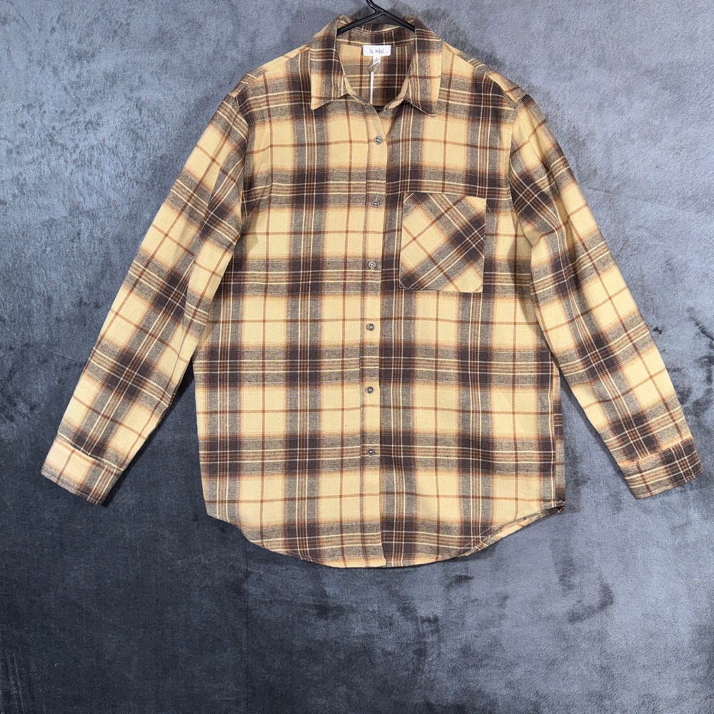 La Miel Womens Plaid Flannel Button Down Shirt Tan Brown Long Sleeve Small